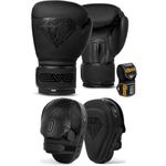 EVO Fitness Matte Boxing pads and Gloves Set Target Focus pads Mitts and Boxing Gloves Hook and Jab Training Sparring MMA Martial Arts Muay Thai Kickboxing Karate (Matte Black, Deal with 16oz Gloves)