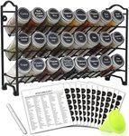 SWOMMOLY Spice Rack Organizer with 24 Empty Round Spice Jars, 396 Spice Labels with Chalk Marker and Funnel Complete Set, Spice Rack for Cabinet, Countertop or Wall Mount, Black