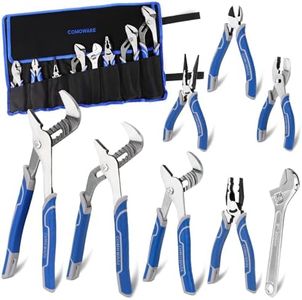 COMOWARE Large Pliers & Wrench Set 8Pcs with Pouch(12", 10", 8" Groove Joint Pliers, 8" Adjustable Wrench, 8" Linesman, 6" Long Needle Nose, 6" Slip Joint, 6" Diagonal) for Home & DIY