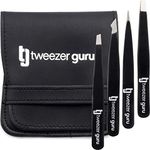 Tweezer Guru 4-Piece Tweezer Set - Slant Tip and Pointed Tweezers Set - Great Precision Tweezers for Eyebrows, Splinter and Ingrown Hair Removal (Black, Pack of 4)