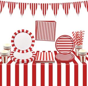 Suministros de fiesta de circo de carnaval, decoraciones de fiesta de rayas rojas y blancas, incluye platos de papel, vasos, servilletas, mantel de carnaval, bandera para cumpleaños, carnaval, baby