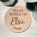 Hello World Personalised Baby Name Announcement Welcome Plaque Wooden Disk Circle Pregnancy Gender Reveal