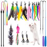 Cat Toy Wand, Qoosea 18PCS Interactive Cat Feather Toys Include 2PCS Retractable Cat Wand, 2PCS Rainbow Cat Teaser Wand, 12PCS Replacement Refills with Bells and 2 Replacement Spare Line with Clasp