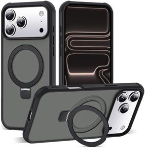 SKYLMW Compatible with iPhone 17 Pro Max Case with Invisible Magnetic O-Ring Stand Military-Grade Translucent Case for iPhone 17 ProMax 6.9" [Compatible with Mag-Safe][Great Grip Feeling], Black