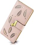 PGXT Women's Wallet Women Credit Card Holder Hollow Leaf Pattern Bifold Leather Lady Long Wallet Purse Zip Birthday Xmas Gifts for Women Girls(Pink)