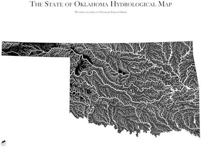 Muir Way Hydrological River Map of Oklahoma - Watershed Topographic Wall Art for Home, Office, or Travel Decor - Unframed Flat Paper Print, 24x30