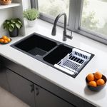 LIPKA Quartz Black Double Bowl 37x18x9 Inches Kitchen Sink | Matte Finish | Granite Quartz Black Sink with Waste Pipe, Sink Coupling, Double Bowl Connector & Vegetable Strainer