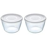 Pyrex Microwave Safe Classic Round Glass Dish with Plastic Lid 0.6 Litre White (Pack of 2)