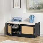 Anmytek Rattan Shoe Bench, Entryway Bench with Shoe Storage Wooden Shoe Rack Bench with Cushion Seat & Adjustable Shelves, Storage Bench for Entryway Black (39.8" W X 15.7" D X 18" H)