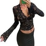 Women Y2k Lace Floral Long Sleeve Shirt V Neck See Through Mesh Crop Top Slim Fit Layering Top Going Out Tee Blouse(G-Black,S)