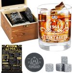 Amosking 60th Birthday Gifts for Men,Vintage 1964 Whiskey Glass Set,Wood Box & 1964 Poster Anniversary Card &Whiskey Coaster & Stones,Bday Gifts Ideas for Him, Dad, Husband