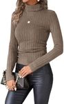 Ekouaer Ribbed Turtleneck Tops for Women Long Sleeve Shirts Fall Fashion Sweaters Slim Fit Base Layer Fleece Thermal Underscrubs Light Brown XXL