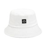 REFFER Unisex Cotton Reversible Double Sided Wear Embroidered Packable Bucket Hat for Women Summer hat Beach hat (White_Latest_Smily_Face-Hat)