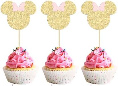 Gyufise 36 Pack Minnie Mouse Inspired Cupcake Toppers with Pink Bow Gold Glitter Mouse Cake Decorations for Baby Shower Wedding Kids Birthday Party Cake Decorations Supplies
