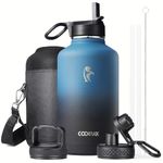 Half Gallon Water Bottle Insulated with Straw & 3 Lids, Coolflask 64 oz Water Jug Large Metal Stainless Steel Wide Mouth for Sports, Gym or Office, BPA-Free Keep Cold 48H Hot 24H, Magic Black