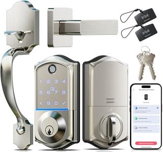 Veise Fingerprint Smart Front Door Lock Set, App Control, Keyless Entry Door Lock with Handle, Smart Deadbolt, Emergency Power Port, Touchscreen Keypad, Auto Locking, Easy Install, Satin Nickel