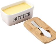 Ceramic Butter Dish Box with Bamboo Lid and Cutter - 600ml White Porcelain Butter Storage Container, Modern Kitchen Tray for Easy Butter Serving