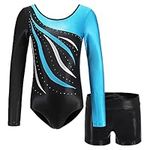 Girls Gymnastics Leotards Long Sleeve with Shorts Outfits Sparkle Kids One-Piece Colorful Dancewear Bodysuit(Sky Blue,10-12)