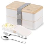 Original Bento Box Lunch Boxes Container Bundle Divider Japanese style with stainless steel Utensils spoon and fork (White)