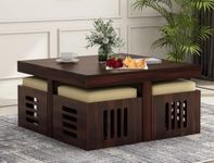 MAHI DECORATION Solid Sheesham Wood Coffee Table with 4 Stool | Square Centre Table with 4 Stools | Center Table for Living Room | Patio Table with 4 Puffy for Home | Rosewood,Walnut Finish