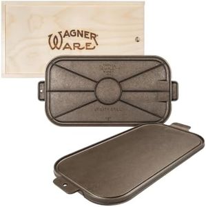 Wagner Cast Iron Griddle – 1950 Vintage Reissue in Wooden Box – Double Burner Griddle for Stovetop & Outdoor Cooking – Pre-Seasoned Cast Iron – Handcrafted in USA – Naturally Nonstick