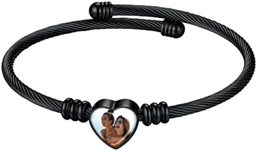 U7 Black Cuff Bracelets for Women Stainless Steel Personalized Picture Bracelet Adjustable Heart Photo Bracelets