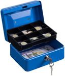 H&S Money Box with Key - 6 inch Money Tin with Lock - Small Lockable Cash Box with Coin Tray for Petty Cash Coins Notes - Locking Metal Safe Box with 2 Keys - Blue