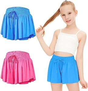 DOCUMO Girls Flowy Butterfly Shorts with Pockets (Hot Pink + Blue, L)
