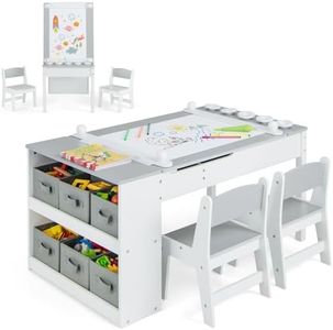 GYMAX 2 in 1 Kids Table and Chairs Set, Wooden Children Art Table with 2 Chairs, 6 Storage Boxes, Paper Roller & Shelves, Toddler Activity Table Set for Drawing (Grey, 5 Cups: 109 x 60 x 55cm)