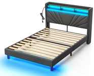 Rolanstar Twin Size Bed Frame, Storage Headboard with Charging Station and LED Lights, Upholstered Bed with Heavy Duty Wood Slats, No Box Spring Needed, Noise Free, Easy Assembly, Dark Grey