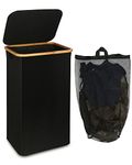 efluky Laundry Hamper with Lid, 100L Tall Laundry Basket with Bamboo Handles for Clothes and Toys, Collapsible Laundry Hamper with Inner Bag for Bedroom and Bathroom, Black