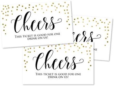 50 Gold Formal Elegant Drink Ticket Coupons For a Free Drink at Weddings, Work Events or Party Bar, One Free Beer Wine Alcohol Soft Drink or Food Vouchers, Cheers Large Drinking Paper Raffle Cards