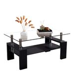 GOLDFAN Glass Coffee Table with Storage, 2-Tier Black High Gloss Tables with Wood Legs for Living Room,39''x23.6''x17.7''(Black)