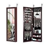 Multigot 2-in-1 Jewelry Cabinet, Wall-mounted Jewellery Organizer with Full Length Mirror & Built-in Mirror, Makeup Storage Armoire for Bedroom Dressing Room (Brown)