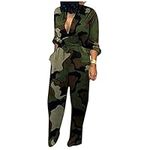 TDEOK Women's Long Button Sleeve Pocket Print Playsuit Jumpsuit Casual Long Women Jumpsuit Ladies Camouflage, Green, M