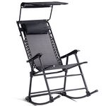 COSTWAY Foldable Rocking Chair with Adjustable Canopy, Outdoor Indoor Metal Frame Sunshade Rocker Chairs, Home Garden Patio Yard Reclining Sun Lounger (Black)