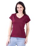 FASHINKS Women's Black V-Neck T-Shirt, Cotton (in, Alpha, XL, Maroon)