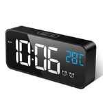 MOSUO LED Digital Alarm Clock, Rechargeable Mirror Bedside Clock with Temperature Display, Snooze, Non Ticking, Adjustable Volume & Brightness, 2 Alarms Set with 13 Music, Black