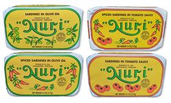 NURI Portuguese Sardines Variety Pack | 4 Pack Bundle | One of Each | Pure Olive Oil, Spiced Pure Olive Oil, Tomato and Olive Oil AND Spiced Tomato and Olive Oil