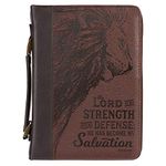 Christian Art Gifts Lord is My Strength w/Lion Exodus 15:2 Faux Leather Classic Bible Cover Case, Brown, Medium