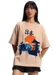 JUNEBERRY® Pure Cotton Oversized Baggy Fit Cool Nature Front Graphic Printed Beige T-Shirt for Women (OS_J_Nature_BG_L)