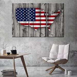 Vintage Blue Red Wall Picture for Living Room American Flag 3 Panels Canvas Wall Art The USA Military Home Modern Decor Office Wooden Framed Stretched Ready to Hang Poster and Prints(42Wx28H inches)