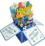 3D Blue Birthday Card for Boy Man, Pop Up Happy Birthday Greeting Gift Card with Envelope and Note Tag