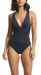 Seafolly Women's Deep V Wide Strap One Piece Swimsuit, Eco Collective True Navy, 10