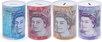 MONEY BOX ® Sterling Money Box Tin x 1, Piggy Bank Savings Money Tin, Multi-colour, 15 x 10 x 10 cm Single Unit.