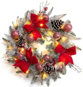 24" Prelit Christmas Wreath with Lights, Battery Operated Xmas Garland with Decorations, Wreath for Front Door Porch Wall Window Fireplace Outdoor Home Holiday Accent