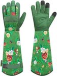 DLY Gardening Gloves for Women, Rose Gloves Gardening Thorn Proof, Long Garden Gloves for Women, Durable and Comfortable Leather Gauntlet (Medium, Green