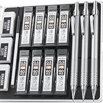 Nicpro 0.5 mm Mechanical Pencils Set with Case, 3 Metal Automatic Retractable pencil With 6 Tubes HB Lead Refills, 3 Erasers Propelling Pencils For School Engineer Writing, Drawing, Sketching, Silver