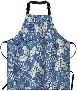 EKOBLA Holly Leaves and Berries Aprons Decorative Nature Plant Leaf Christmas Pattern Waterproof Resistant Chef Cooking Kitchen BBQ Adjustable Aprons for Women Men 27x31 Inch