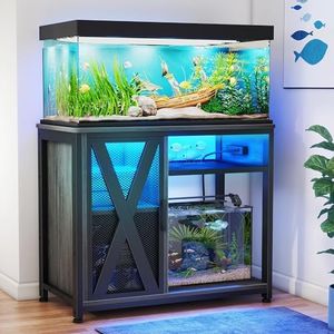 DWVO 40-50 Gallon Aquarium Stand with Power Outlets & LED Light, Cabinet for Fish Tank Accessories Storage - Metal Fish Tank Stand Suitable for Turtle Tank, Reptile Terrarium, 660LBS Capacity, Grey